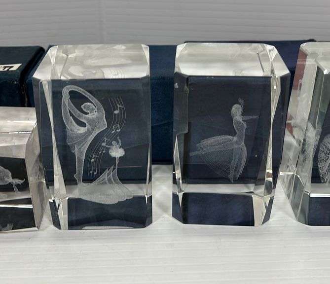 (9) Assorted crystal glass cube paperweights, 3D etched glass, include