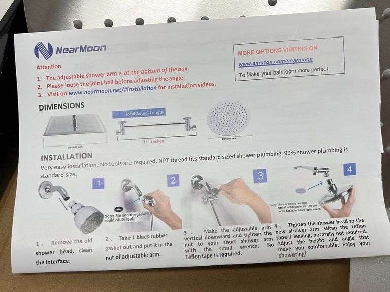 NearMoon brushed nickel round rain shower head, 11" adjustable arm, 12