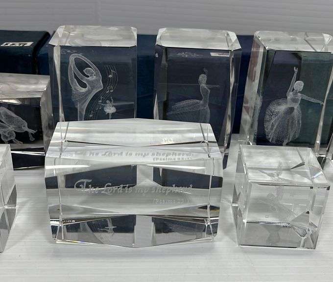 (9) Assorted crystal glass cube paperweights, 3D etched glass, include