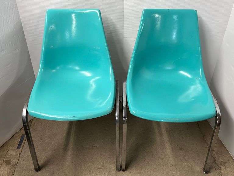 (2) Blue Herman Miller Stackable Chairs, 18"W x 15"H to seat Albrecht