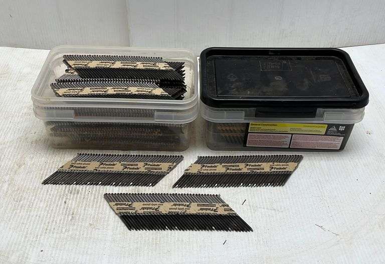 (2) Totes of nail gun nails, include 1 Grip Rite collated framing