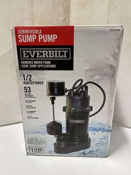 Everbilt submersible sump pump, 1/2 HP, moves up to 53-gallons per ...