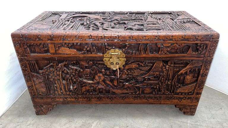 Vintage 1950s hard carved ornate wooden storage trunk with brass hardware, comes with paperwork/history from original owner/photos, 35"W x 17"D x 19"H, excellent