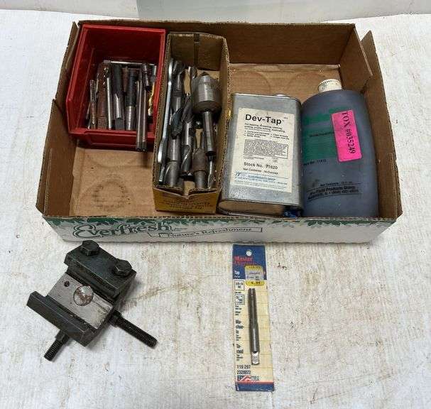 Machine bits, taps, and cutters; (2) Bottles of fluid for tapping ...