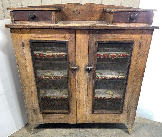 Very old pie safe cupboard, 47"W x 16"D x 54"H, stands sturdy, shows age