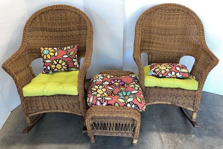 (2) Raenesha resin outdoor rockers and ottoman/bench with cushions, ottoman- 27"W x 18"D x 18"H, rocker seats- 18"W x 19"H, like new