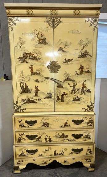 High end Oriental Armoire/Chest of drawers, lockable with painted scene, 3-drawers outside, 4-drawers and TV shelf, with 2 lockable doors and keys, 41"W x 19"D x 82"H
