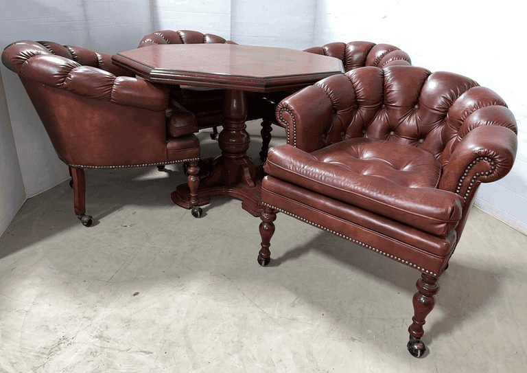 Parkay octagon wood table with (4) leather-like rolling chairs, 42" top x 28"H, some edge wear on table