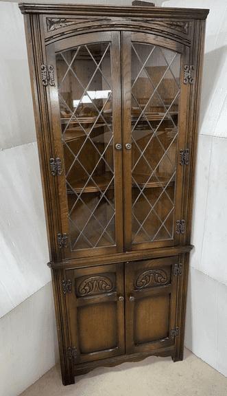 Older wooden corner display cabinet, 26"W x 19"D x 66"H