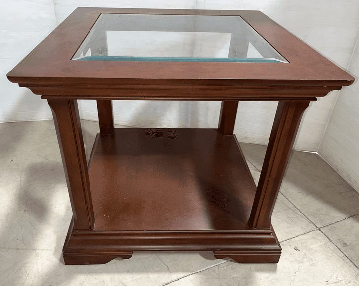 Two-level wooden end table with glass top, 27"W x 27"D x 29"H