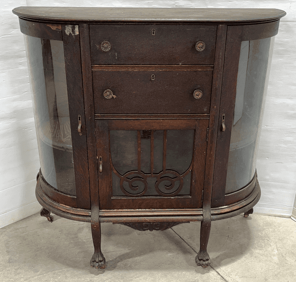 Glass display case with antique wavy glass and two drawers, 40"W x 16"D x 40"H, fair