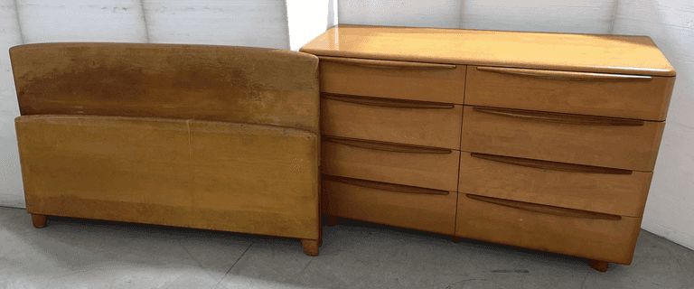 Heywood Wakefield eight-drawer dresser with full head and footboard, no rails, 54"W x 21"D x 34"H, both fair