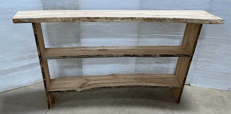 Aspen sofa table or entryway table, live edge, rough sawn, 12" to 14"W x 60"L x 30"H, size varies, as is