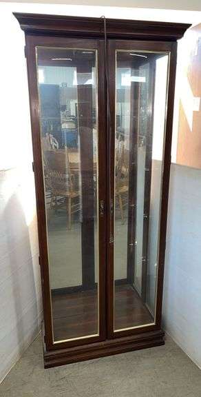 Wood and glass display cabinet, 33 1/2"W x 13 1/2"D x 76"H, missing shelves