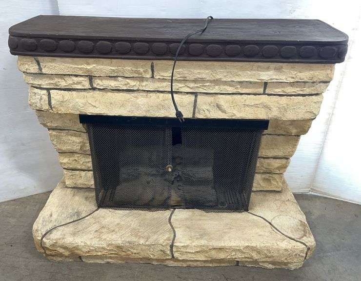 Electric fireplace with stone look surround and wooden mantel, 45"W x 21"D x 35"H