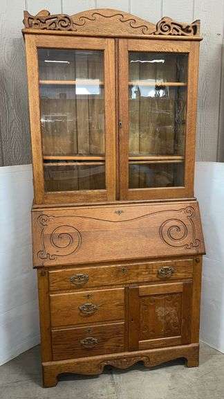 Antique oak 2-piece hutch with drop-front secretary, 39"W x 18"D x 84"H