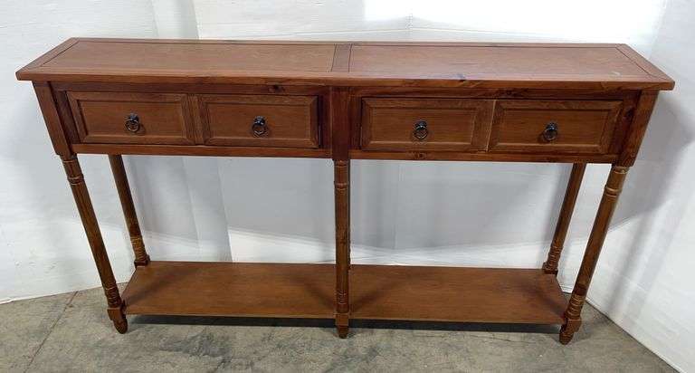 Brown entry table, 2-drawer, 58 1/2"W x 11"D x 34 1/2"H, wobbly