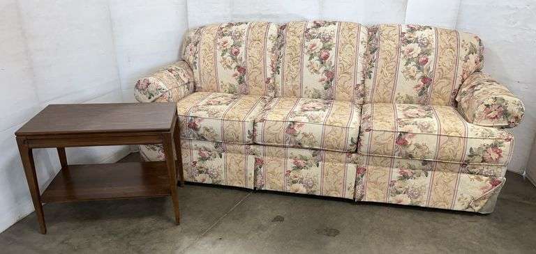 Floral couch, 80"W x 30"D; Mersman 2-tier end table, 26" x 17"