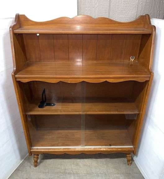 Wooden cabinet with sliding glass door, 36"W x 12"D x 49"H, some scratches and wear