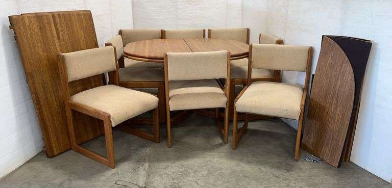 Kitchen table with cover, (2) 24" leaves, and (8) Chairs, table without leaf- 72"W x 42"D x 28"H, with leaf- 96"W, great