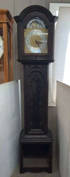 Circa 1970 Colonial clock, for parts only, no pendulum or weights included, 18"W x 11"D x 79 1/2"H, as is