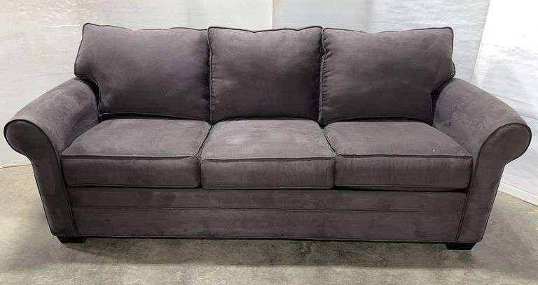 Cindy Crawford slate gray sofa sleeper, microfiber plush reversible cushions, 88"W x 38"D x 37"H at back, good, used