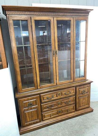 Bernhardt Mfg. china cupboard, base unit with 3-drawers and 2-doors with a shelf behind, 60"W x 18"D x 28"H, top unit with 2-glass shelves and 2-swing-out doors with glass, glass on right and left sides, lighted, 59"W x 14"D x 52"H, very good overall