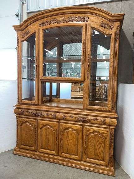 Summit Furniture oak hutch with lights, touch hinge to turn on and off, 64"W x 18"D x 89"H