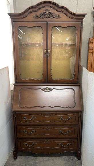 Tall secretary desk/bookcase with glass doors and 3-drawers, 35 1/2"W x 17"D x 77 1/2"H, good, used