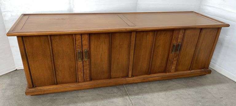 Mid-century Brandt record cabinet on casters, marked on bottom, 60"W x 18"D x 19"H, nice, some wear