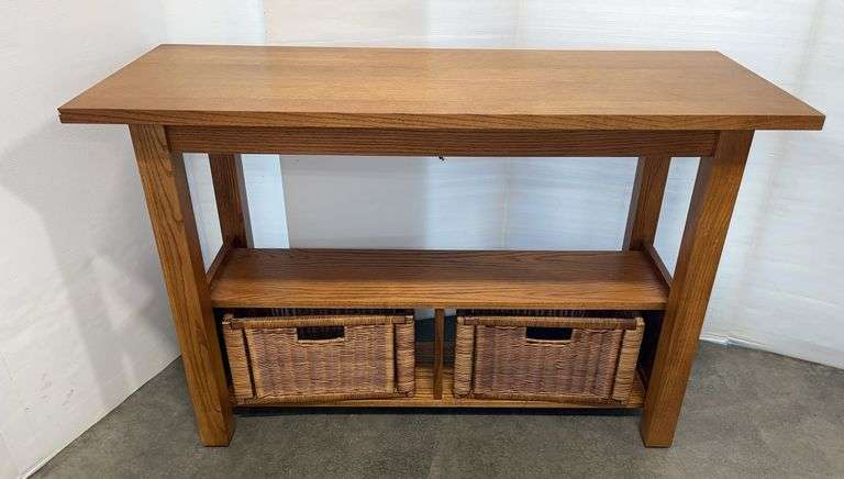 Wooden table with wicker storage bins, 48"W x 19"D x 29"H, great