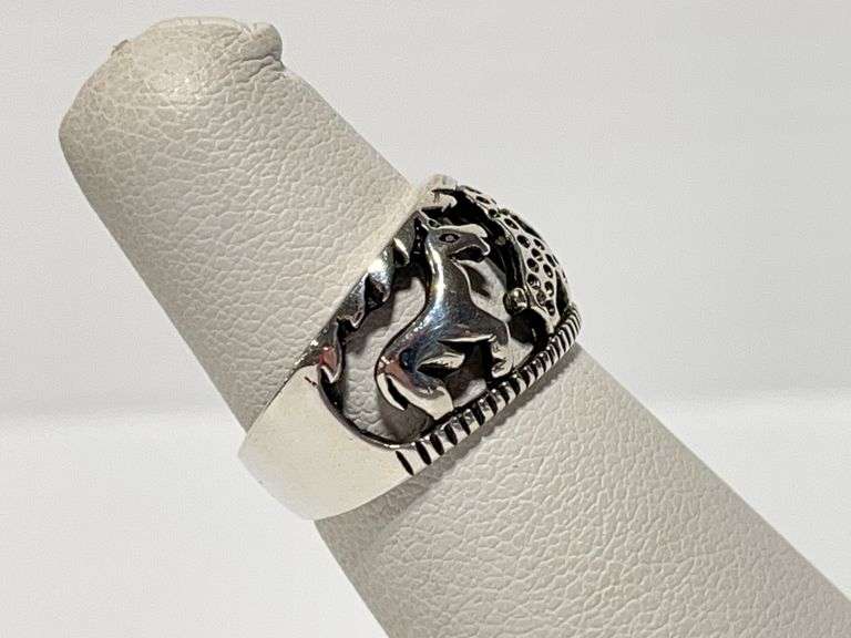 Animals: Horse, giraffe, elephant ring, size 4, marked 925 sterling ...