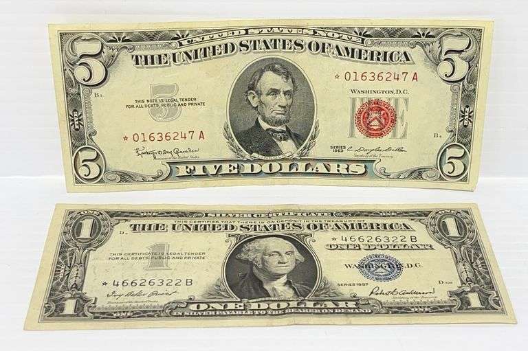 (2) Star notes, includes: 1- Red seal $5 note, and 1- $1 silver ...