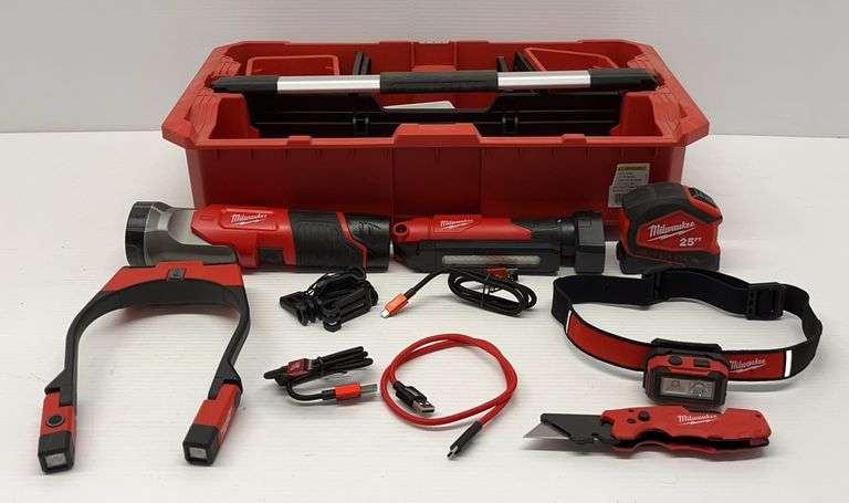 Milwaukee LED Work Light, Flashlight, Headlamps, Measuring Tape, and Folding Knife with Packout Carry Tote
