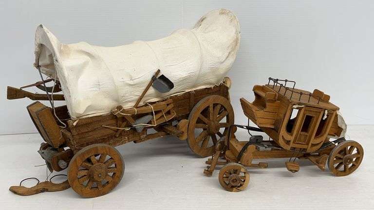 Old stage coach and old covered wagon, wagon- 6"W x 17 1/2"L x 12"H ...