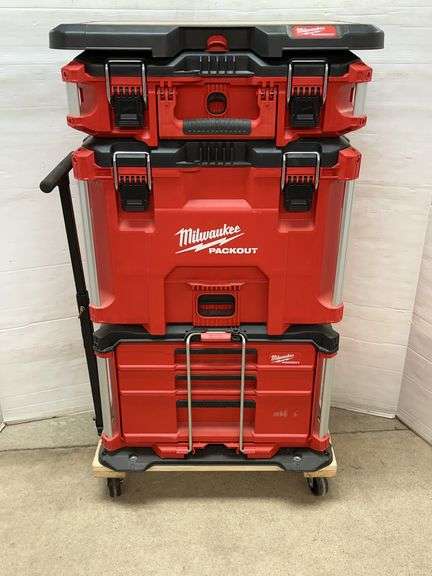Milwaukee Packout 3-Piece Tool System Mounted on a Wooden Cart