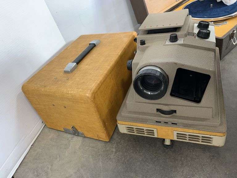 Revere video projector, antique record player, and a 12