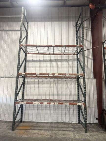 Pallet Racking, Includes: (2)-Uprights, 20'H x 4'D; (8)-Crossbars, 10'L; (8)-Wire Mesh Shelves, 4' x 5', All Excellent