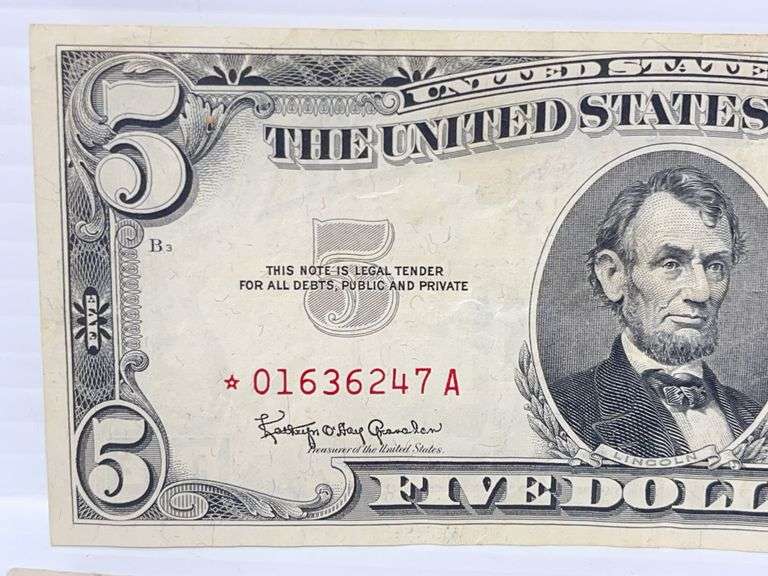 (2) Star notes, includes: 1- Red seal $5 note, and 1- $1 silver ...