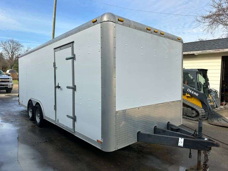2004 Forest River 20' Tandem Axle Enclosed Trailer, VIN:  5NHUWEV214N056221, 205/75R15 Tires, Swing Away Rear Door, Side Entrance Door, E-Track on Walls and Front.  Shows a possible leak currently or in the past, but floor appears solid.  Clean and Clear Title.