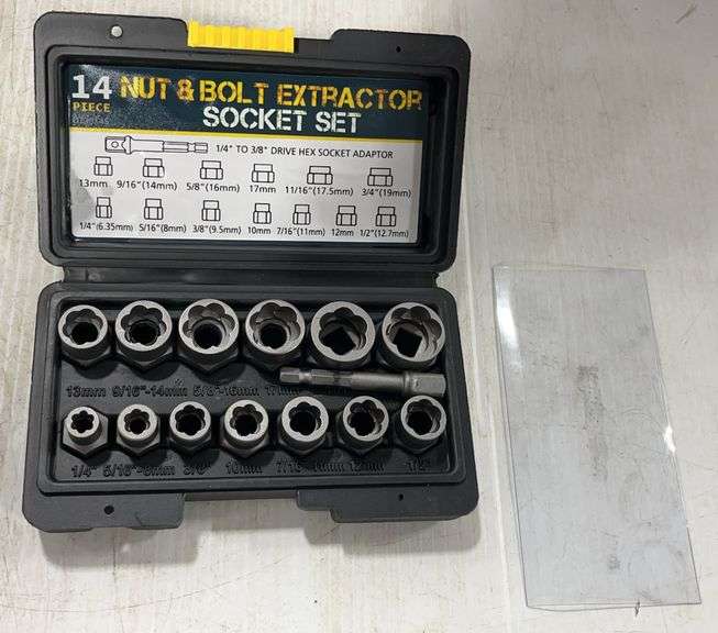 14-Piece extractor with hex socket adapter set in case, case- 6 1/2
