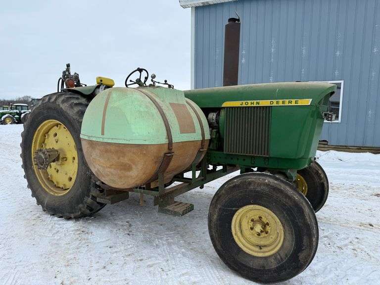 1971 John Deere 4320 w.f. Tractor with Pair of 200-Gallon Saddle Tanks & Brackets, Ser. No. 9127R, 3-pt., PTO, (2)-Hydraulic Remotes, 11.00-16 Fronts, 18.4R38 Rears (good), Comes with Duals.  NOTE:  Quick Hitch visible in pictures is Not Included.  Not the original tachometer.  Rebuilt engine from Bader Brothers years ago.  Only used to spray since 2004.  NOTE:  The pictures of the tachometer may or may not represent the actual machine hours.  Please plan to inspect the items in person or call the owner with questions.