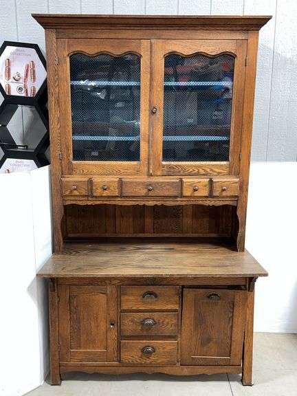 Antique hawkeye kitchen cabinet with hutch, two-piece, oak, 47"W x 28"D x 74"H