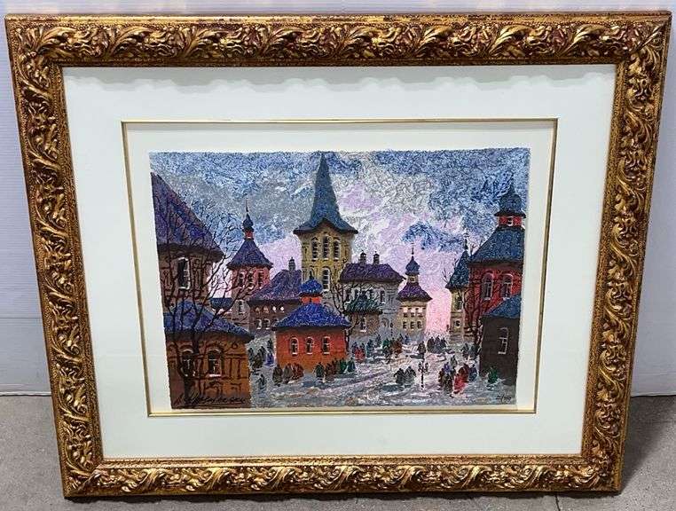 Signed and numbered Village scene, no. 221/350, 29" x 22", gold-tone wood frame, nicely matted with gold fillet around mat, excellent