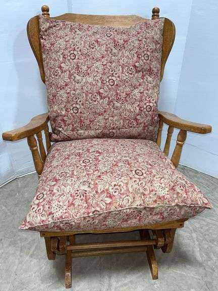 Wooden glider with cushions, 26"W x 28"D x 37"H at back, 15"H to seat