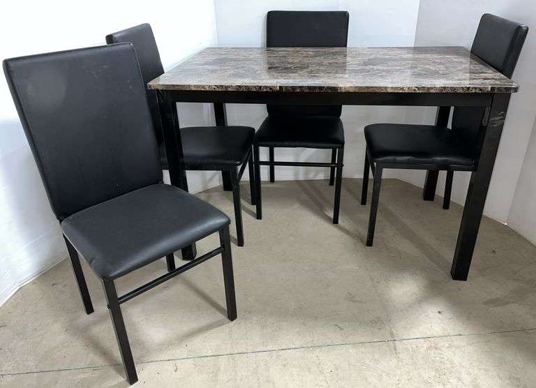 Dining room table and (4) black kitchen chairs, table- 47"W x 30"d x 30"H, fair
