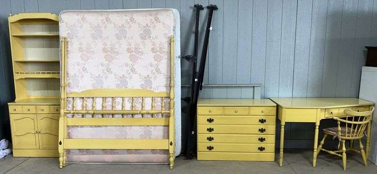 Older Ethan Allen full size bedroom set, includes: bed with frame, headboard- 57" x 66"; Desk, 48"W x 30"D x 31"H; (2) Dressers, both- 40"W x 18 1/2"D x 30"H, nice, some wear from use