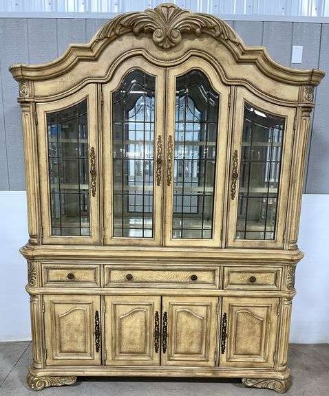Large Art an luxury wood hutch, lighted, has 2 hidden drawers on sides, some minor rubs, 69"W x 22"D x 89", very nice, no shelves, knob for one door is inside hutch