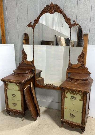 Antique victorian vanity, made by Albert Furniture to Shelbyville, IN, for Bell Furniture Co. Detroit, no. 220 vanity marked on back of mirror, 52"W x 20"d x 69"H, good, missing a center drawer under the mirror, hard to notice, wear to top
