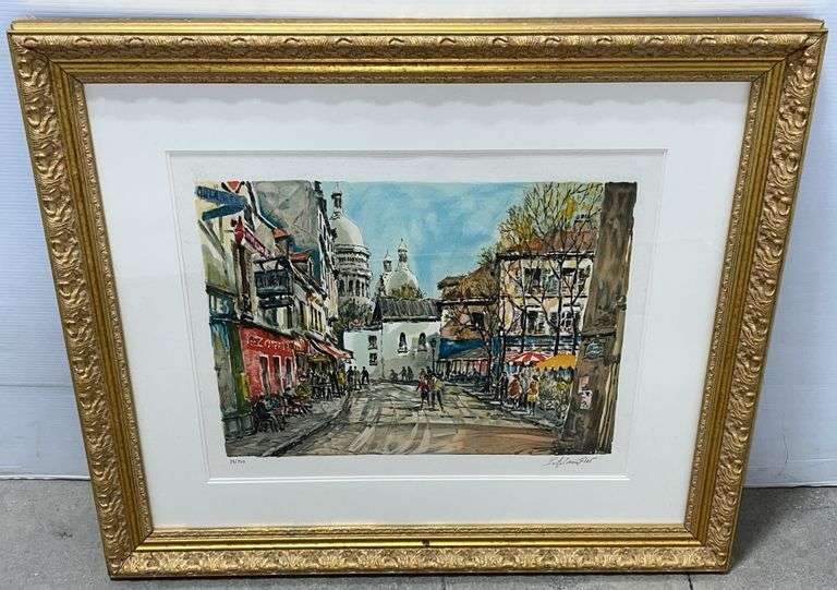 Signed seriolithograph of village scene, no. 79/350, quality wood gold-tone frame, double matted, 27" x 30", great